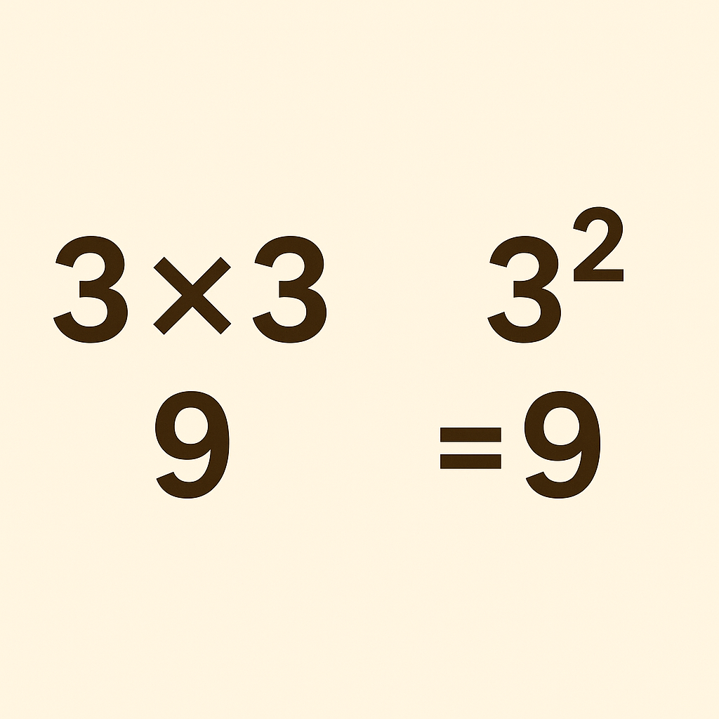 3を2回掛ける計算と、2乗記号で表す方法を比較した図
