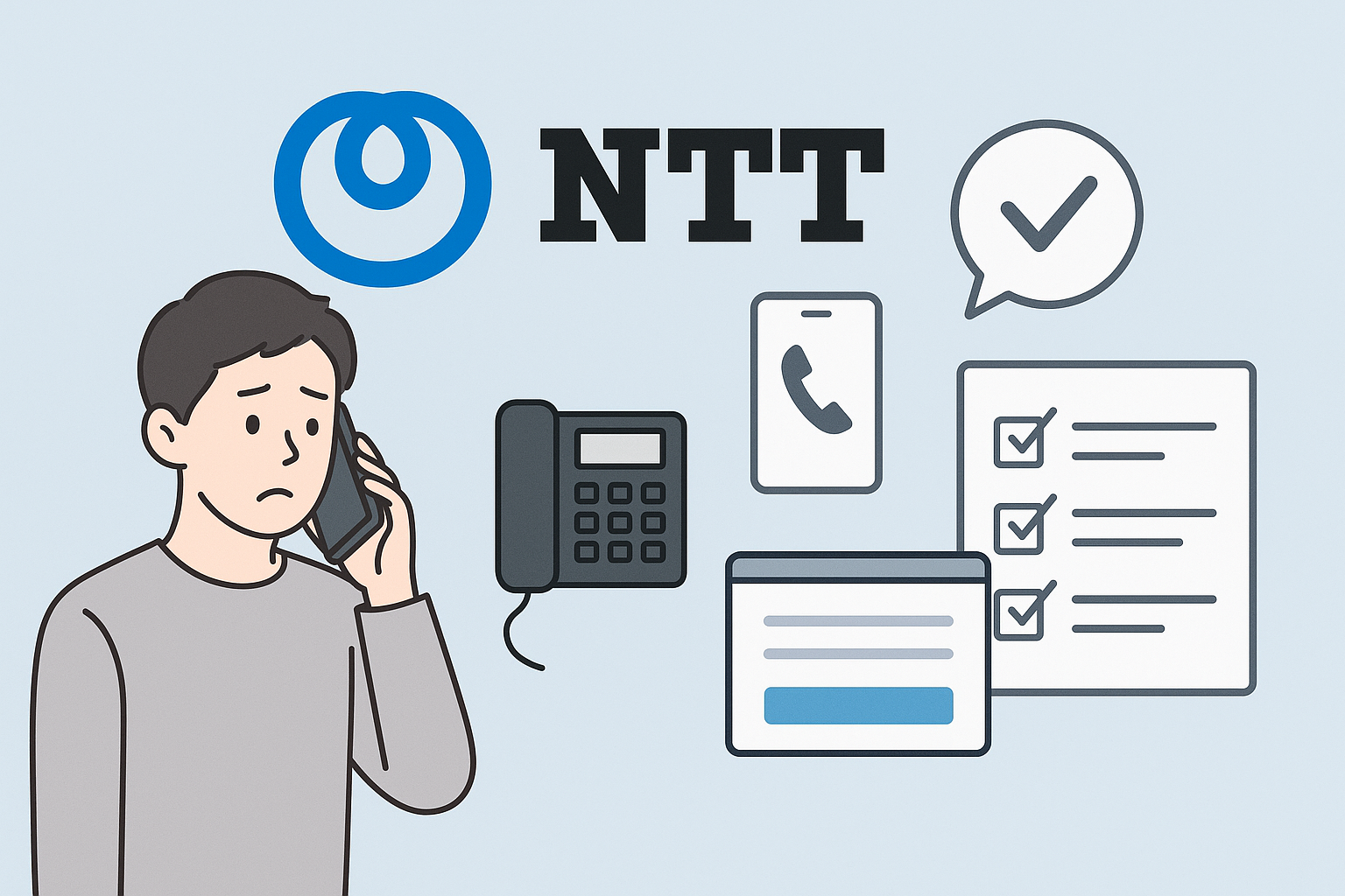 NTTの解約手続きに関する連絡先と流れを案内するイメージ画像｜スマホ通話やWeb手続きのシーンが含まれるイラスト
