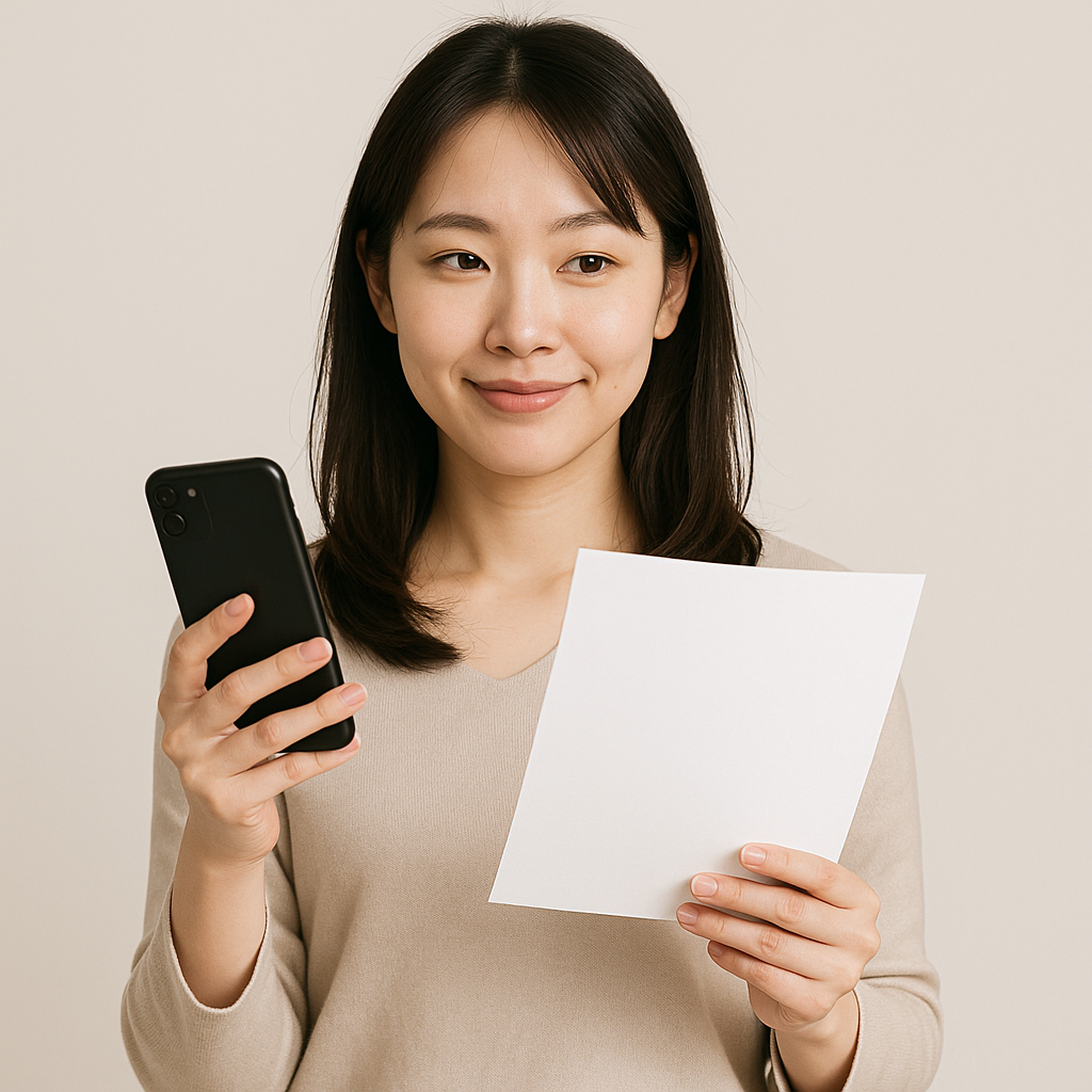 書類とスマートフォンを手に持ち、問い合わせ準備をしている日本人女性。ぷららのオペレーター対応に備えて会員情報を確認する様子を表現。