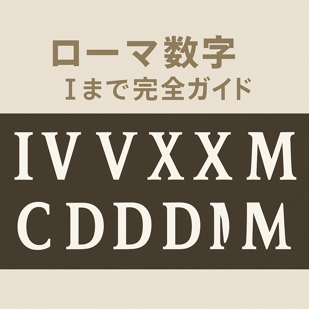 ローマ数字の一覧（I, V, X, L, C, D, M）を大きく表示したグラフィックデザイン｜IからMまでのローマ数字完全ガイドを視覚的に表現したバナー画像