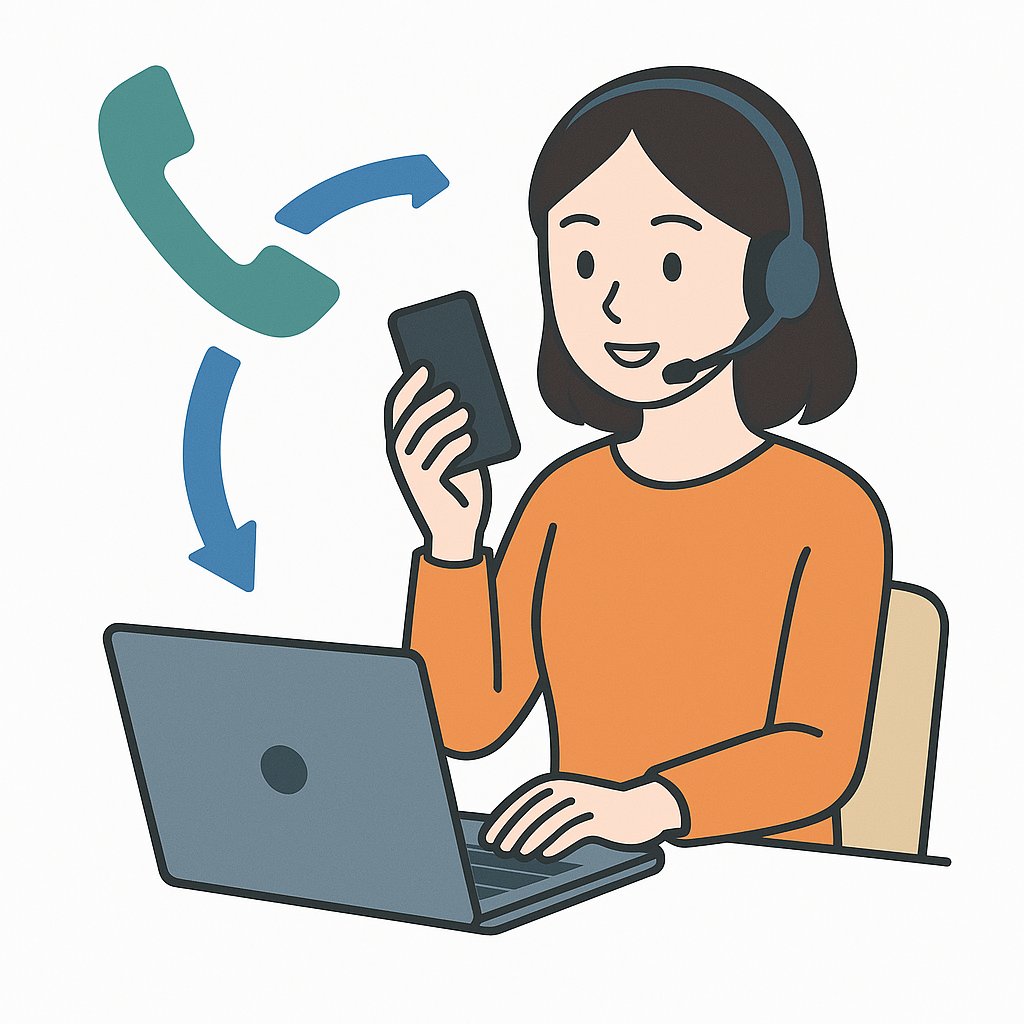 電話とパソコンを使い分けながらサポートに対応する日本人女性のイラスト。ぷららへの問い合わせや解約手続きで、電話とオンラインの両方を活用する様子を表現。