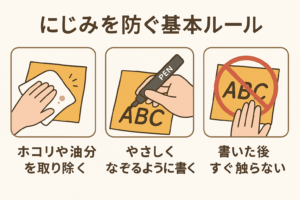 油性ペンのにじみを防ぐ3つの基本ルールを示す日本語イラスト。ホコリや油分の除去、やさしくなぞるように書く、書いた後すぐに触らない手順を図解。