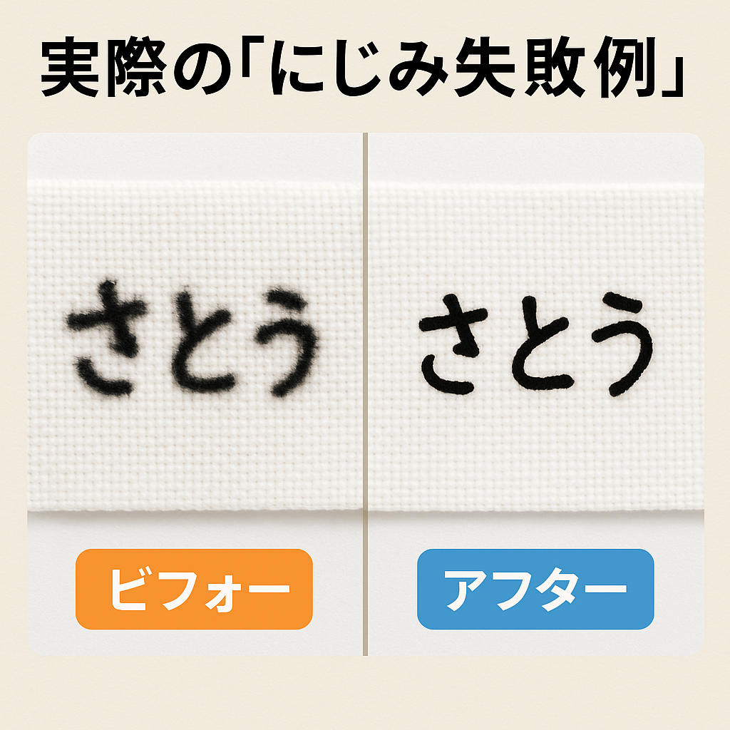 油性ペンで書いた布のにじみ失敗例を比較した画像。左はインクがにじんだ「ビフォー」、右は対策後ににじまず綺麗に書けた「アフター」。