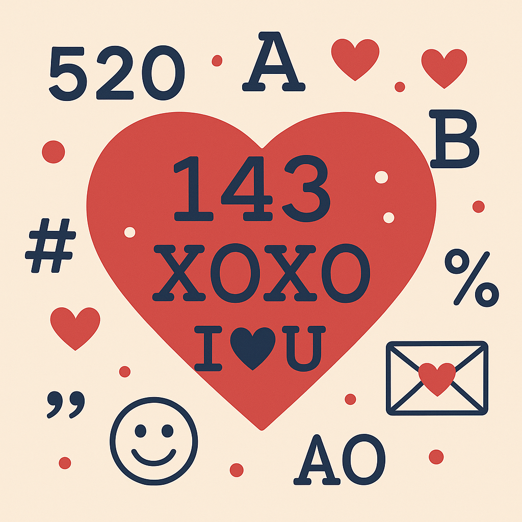 143やXOXOなどの恋愛記号が赤いハートを中心に配置された、おしゃれでかわいい英語・数字記号のイラスト｜SNSやLINEで使える恋愛暗号の視覚表現